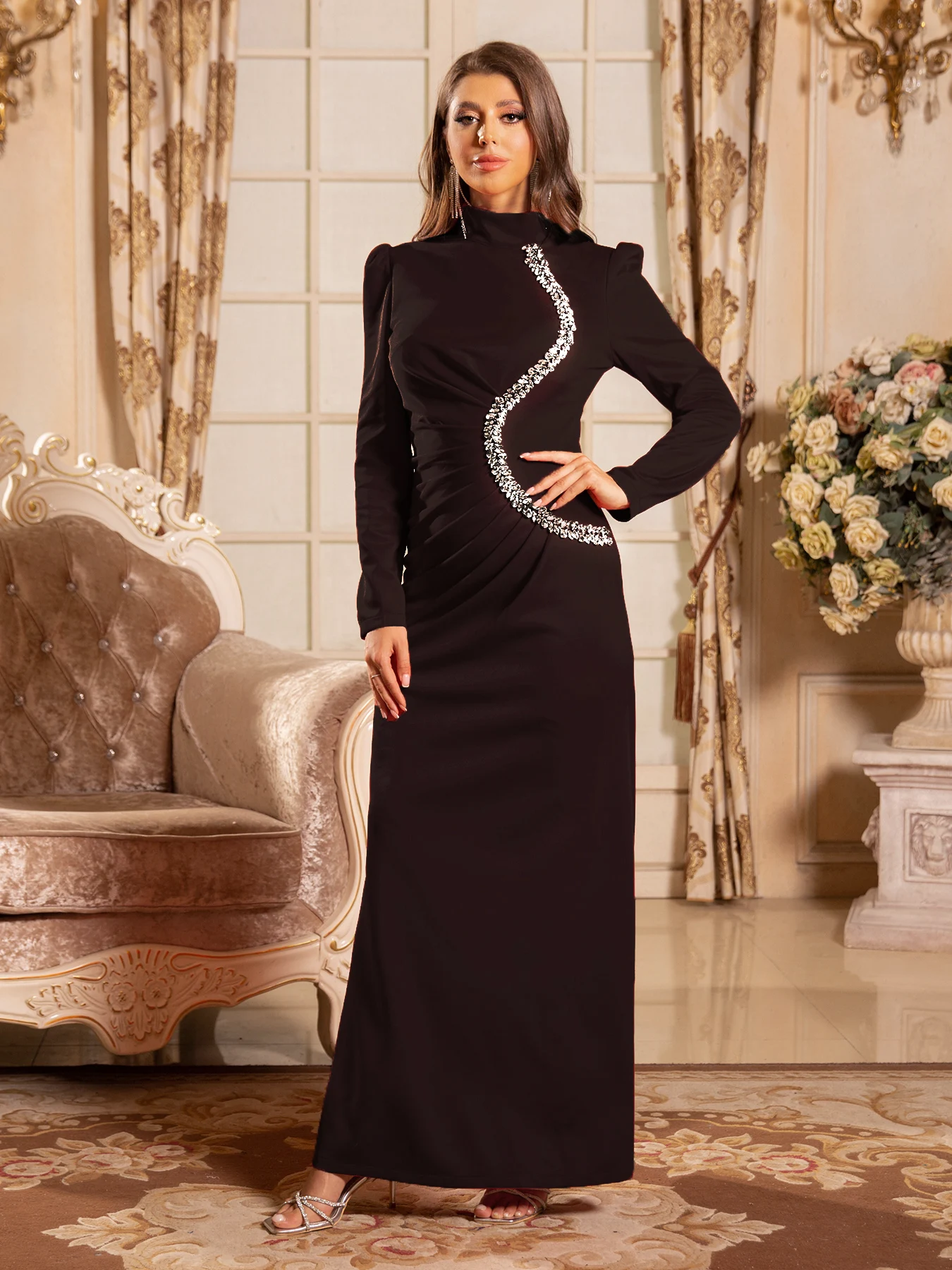 Rhinestones 겸손한 긴 이브닝 드레스 여성을위한 공식 댄스 파티 드레스 스탠드 넥 풀 슬리브 중동