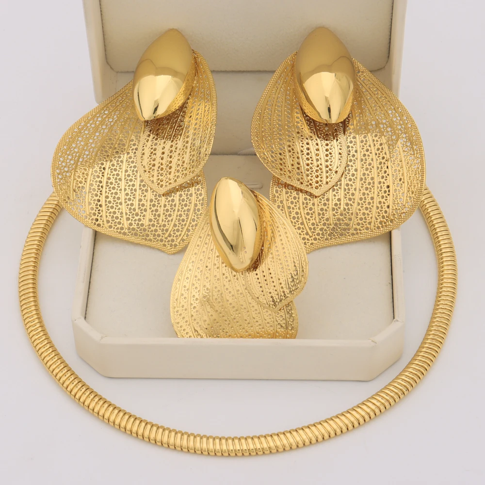 African Gold Color Jewellery Set For Women Luxury Earrings Ring Necklace Gift for Valentine's Day Wedding Party Anniversary