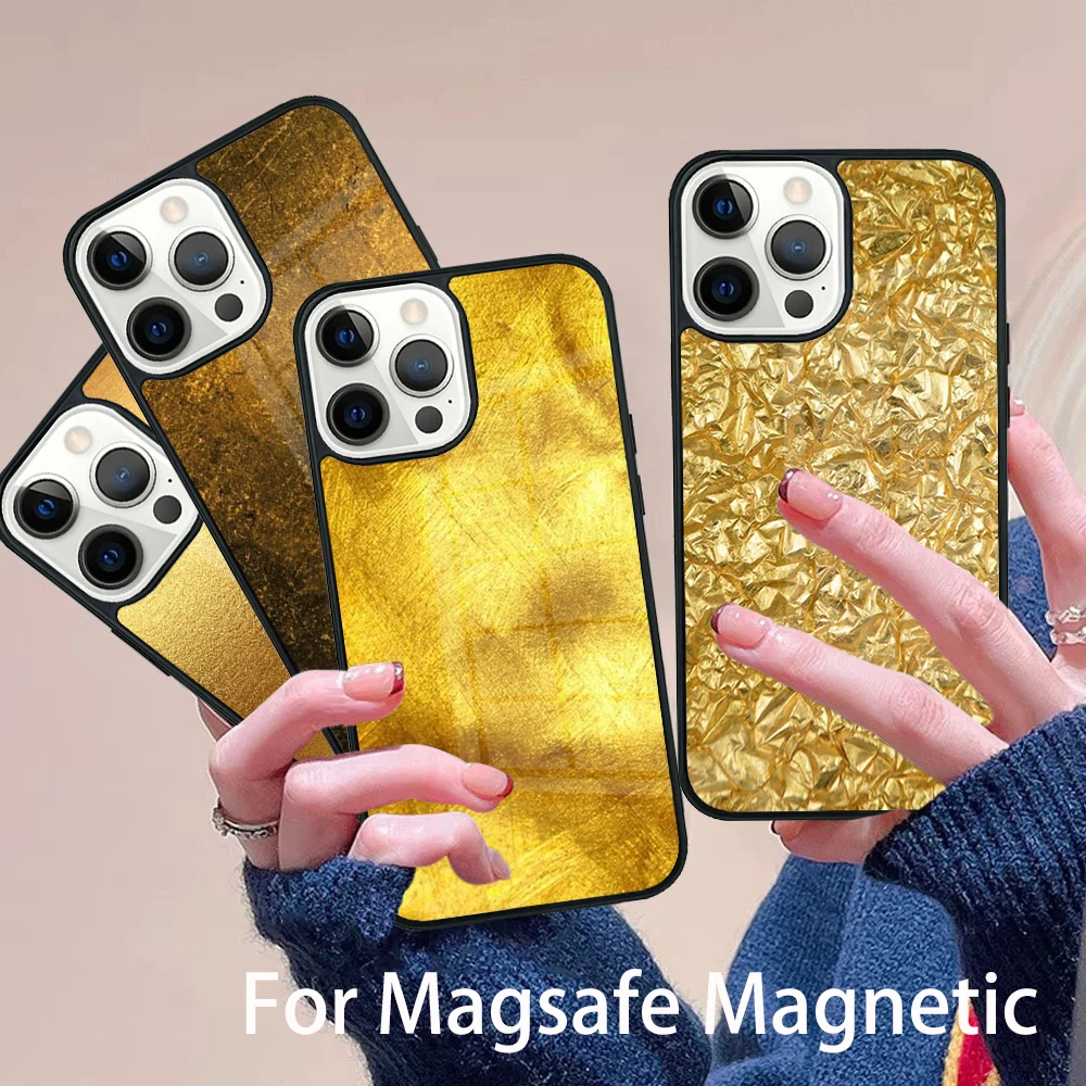 

Luxury Gold Foil Art Phone Case Magesafe Magnetic Wireless Charge Cover For IPhone 16 11 12 13 14 15 Pro Max Plus Mini