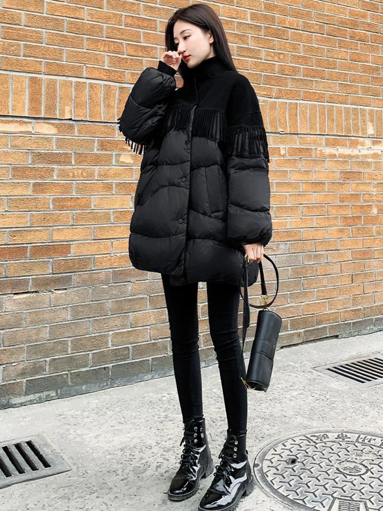 겨울 양면 태슬 중간 길이 다운 재킷 여성 화이트 덕다운 스탠드 칼라 따뜻한 재킷 여성 파카 퀼팅 아우터