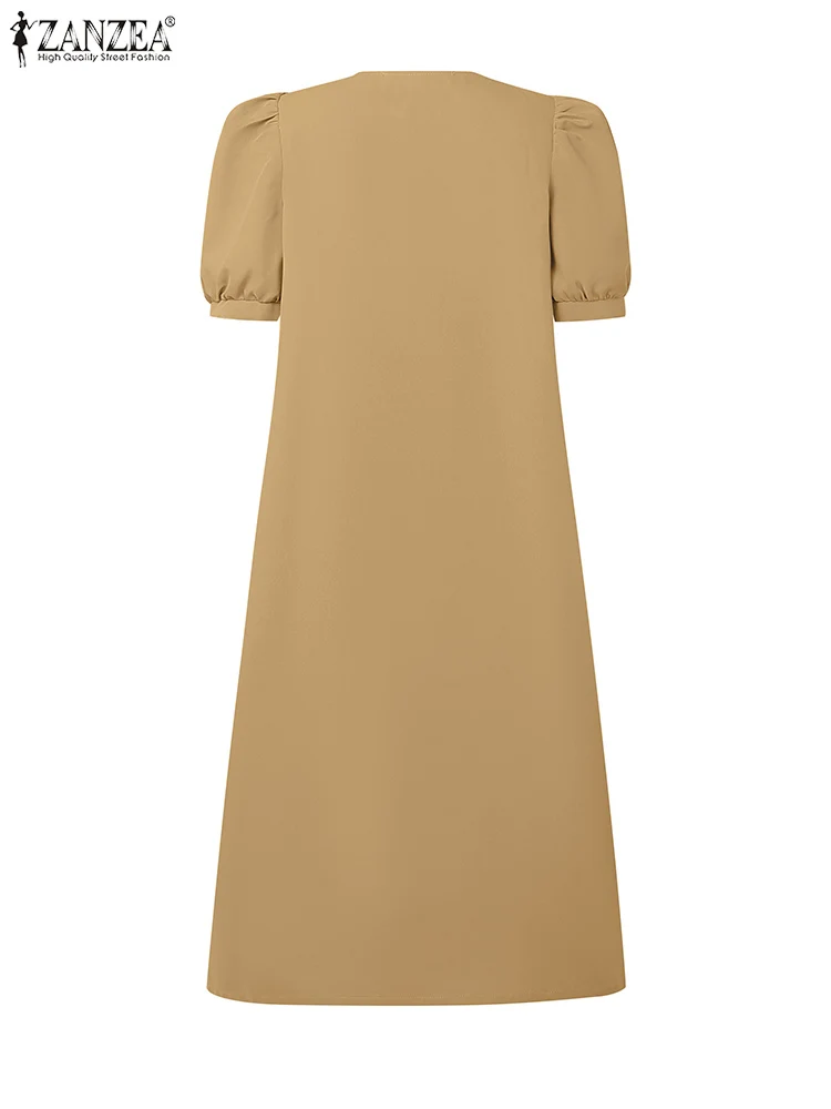2025 zanzea elegante puff manga sólida vestidos de trabalho feminino vestido de verão elegante sólido festa vestidos com decote em v midi férias vestido de verão