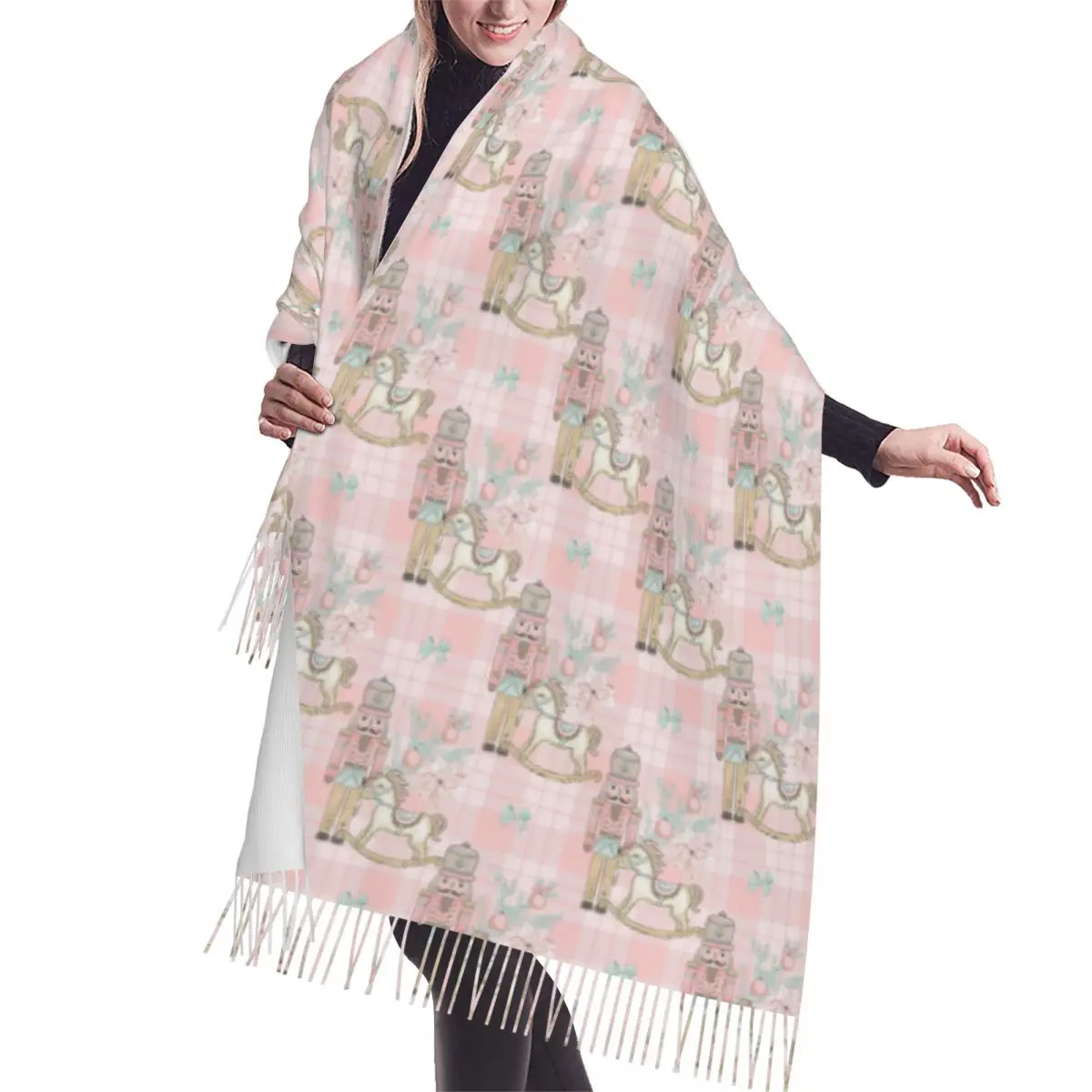

Printed Elegant Nutcracker Plaid Pink Pattern Scarf Women Men Winter Warm Fashion Versatile Female Scarves Shawls Wraps