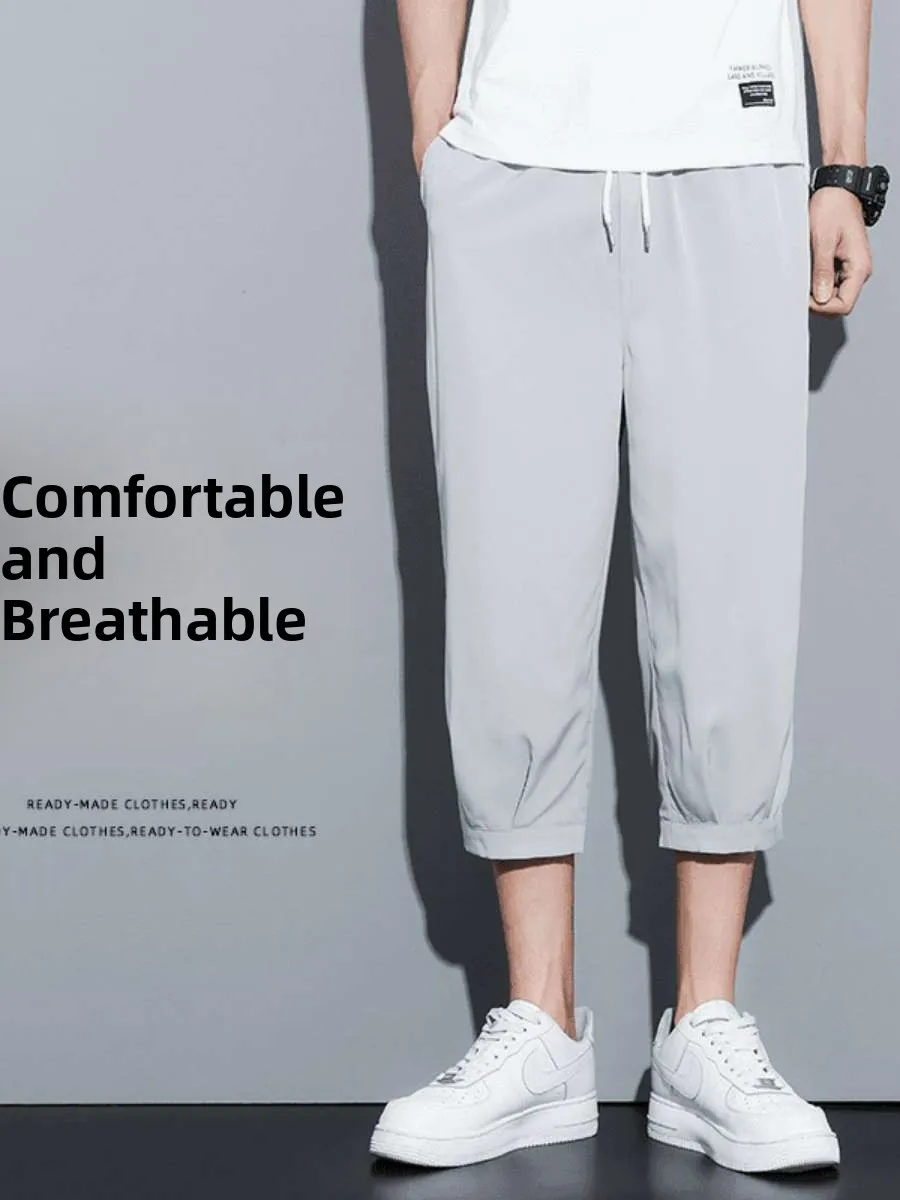 

Мужские летние новые повседневные свободные брюки прямого кроя из ледяного шелка, укороченные (7/8), тонкие спортивные брюки с высокой талией, однотонные, модные