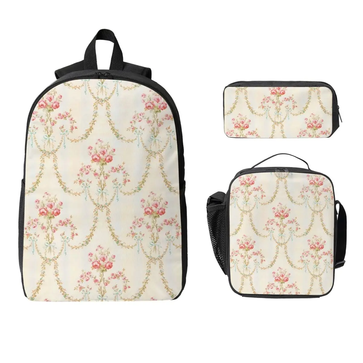 

Rococo Vintage French Floral Wallpaper With Roses Backpack Boys Girls BookBag School Bag 3ps Insulated Lunch Bag Pencil Case
