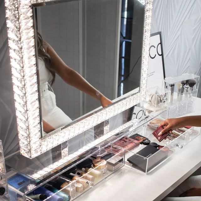 Luxury Led Bathroom Mirror Shine Diamond Crystal Mirror Wall Makeup Mirror With Led Light