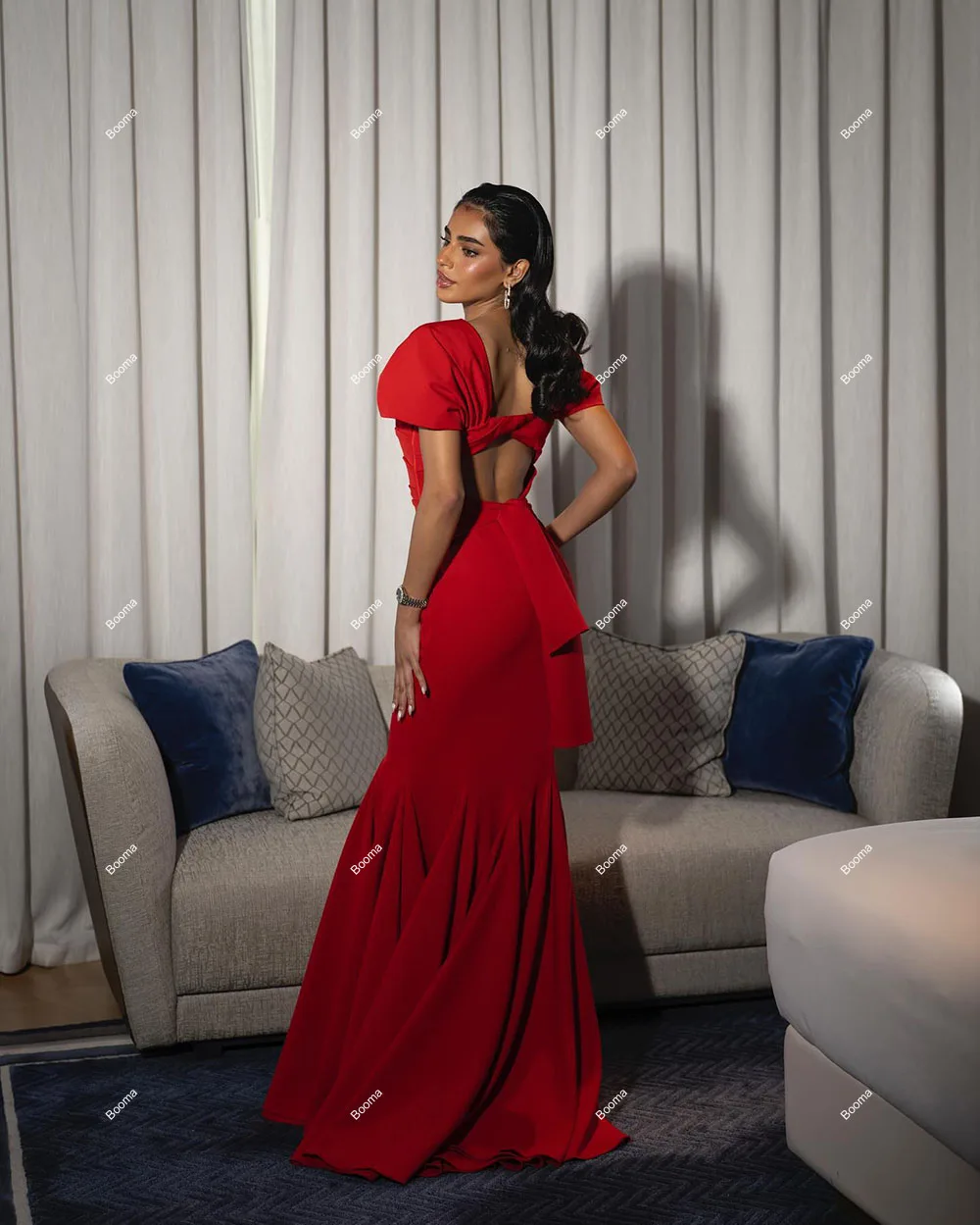 Booma Rode Elegante Zeemeermin Avondjurken Plooien Lange Formele Feestjurken Voor Vrouwen Vierkante Kraag Backless Prom Jurken Dubai