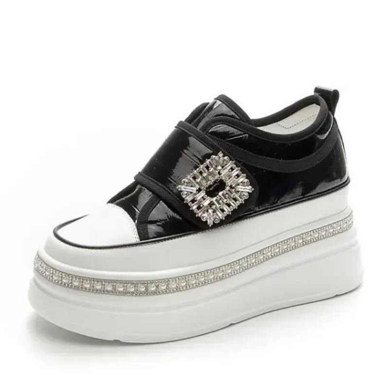 

Женские высокие ботинки на платформе из натуральной кожи с кристаллами 8 см, весенне-осенние блестящие туфли на танкетке, ботильоны