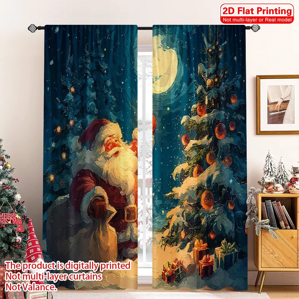 

2pcs 2D flat printing Merry Christmas Popular Party Window Curtains Christmas Starry Night 100% Polyester Without Electricity