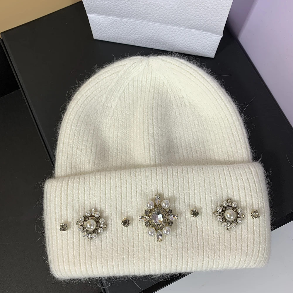 Angola Rabbit Fur Knitted Hats for Women Warm Wool Skullies Beanies Luxury Rhinestone Logo Winter Hat Ears Warmer Walking Bonnet