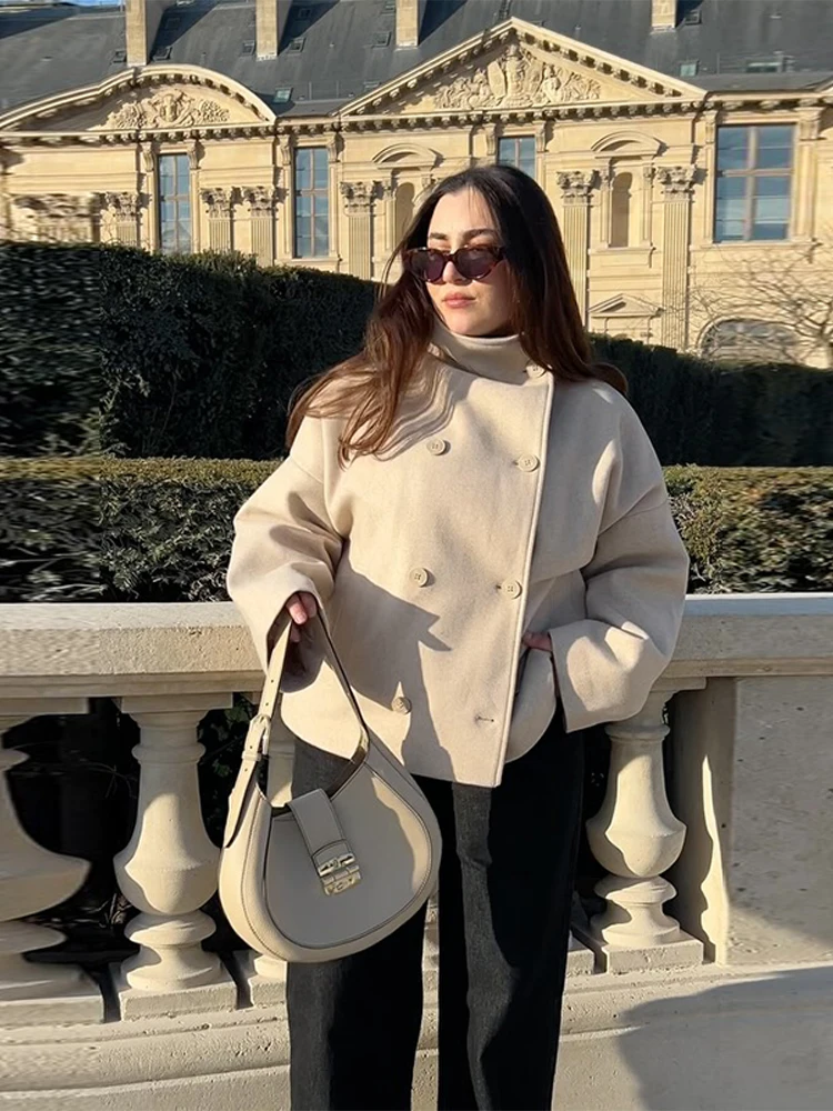 الصلبة عالية الرقبة زر مزدوج معطف فوقي انخفض الكتف فضفاض 2025 الخريف قصيرة أنيقة سترة المرأة الحضرية ملابس خارجية سيدة عادية #5