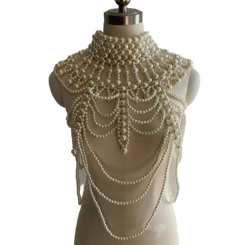 Women Vintage Multi Strands Faux Pearl Body Statement Necklace Adjustable High Collar Bib Handmade Jewelry Shoulder Dropship