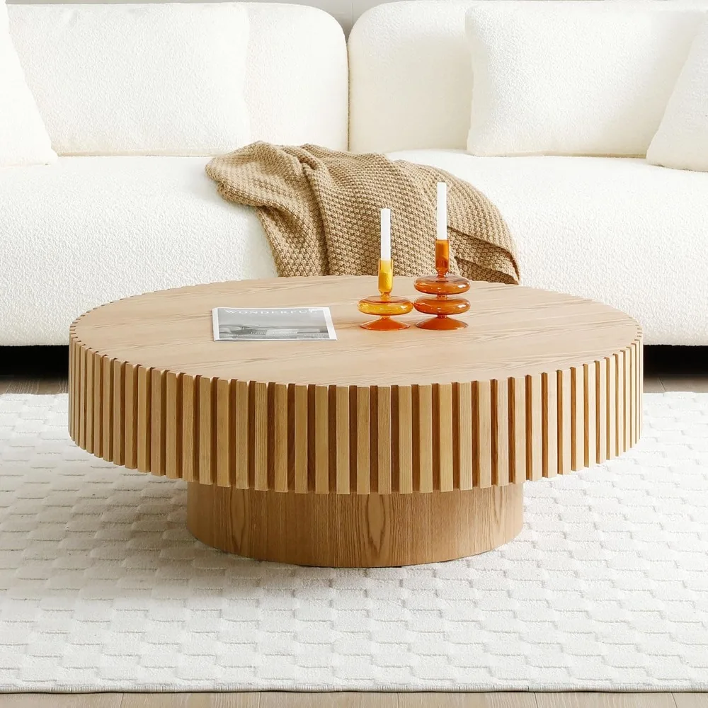 

39.37'' Round Wood Coffee Table - Handcrafted Fluted Design, Elegant Round Shape, Wooden Material Coffee Table for Living Room