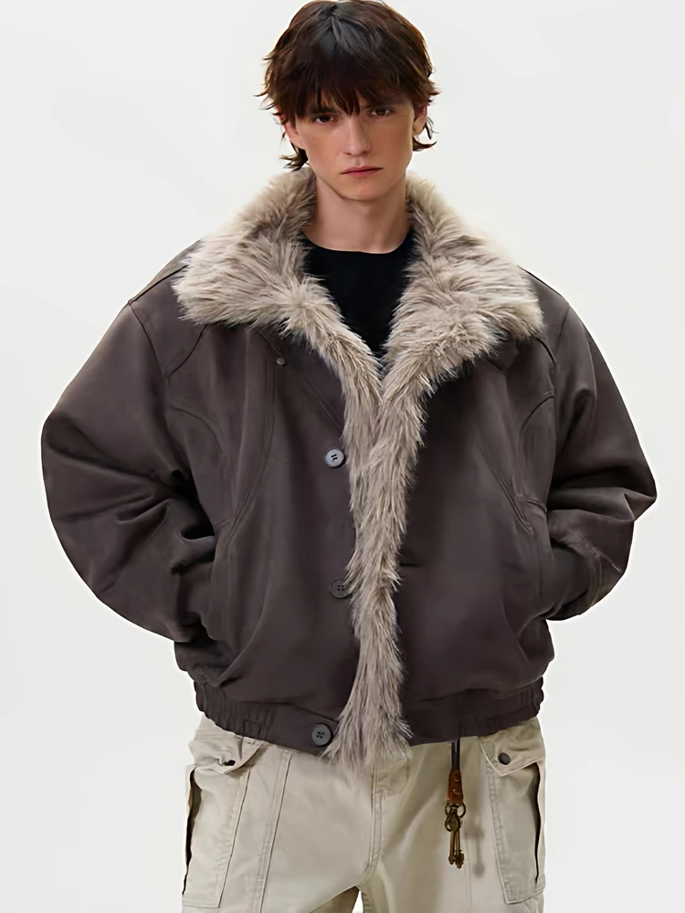 

Retro American Faux Fur Collar Thiened Cotton Jaet Youth Faion Warm Stand Collar Unconstructed Coat for Men And Women