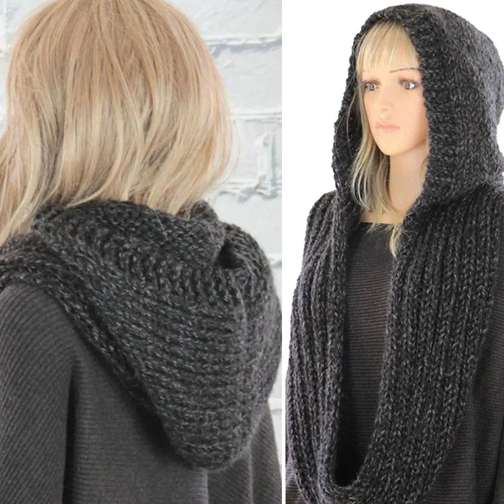 

Knitted Thick Hooded Scarf Autumn Winter Solid Color Casual Hat Scarf Women Fashionable Loose Beanies Hat Warm Retro