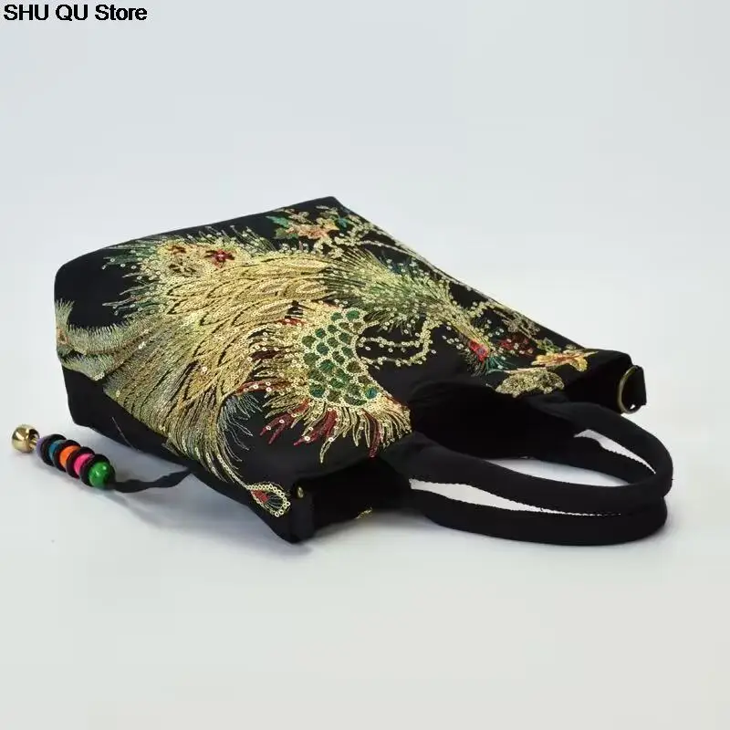 

New Peafowl Embroidery Handbags Canvas Top-Handle Large Capacity Exquisite Elegant Bags Shopping Women Crossbody Bag