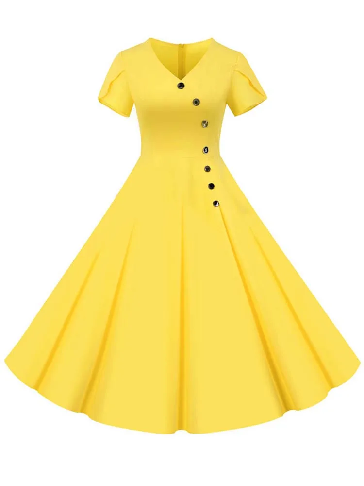 Women\'s Solid Color V-Neck Midi Dress Casual Vintage Retro Party Sundress Elegant Summer Robe
