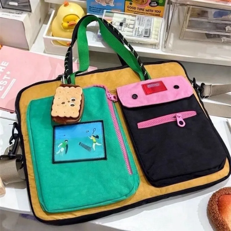 Casual Contrast Color Computer Bag Canvas Large Capacity Tote Laptop Bag Portable Multi-pockets Travel Bag