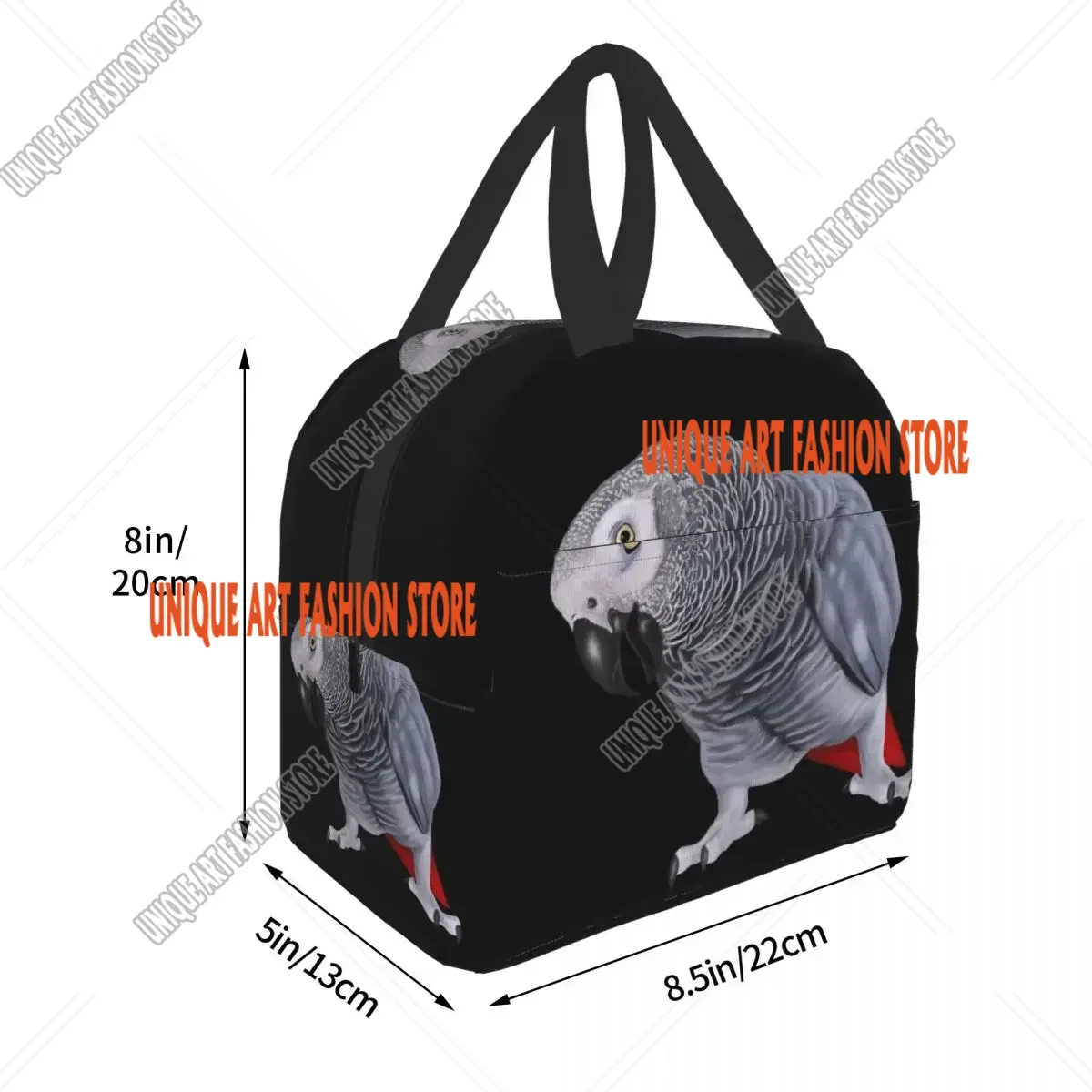 Borsa per il pranzo isolata con pappagallo grigio africano per la scuola di lavoro Psittacine Bird Borsa per il pranzo termica portatile per donne Borse per alimenti per bambini