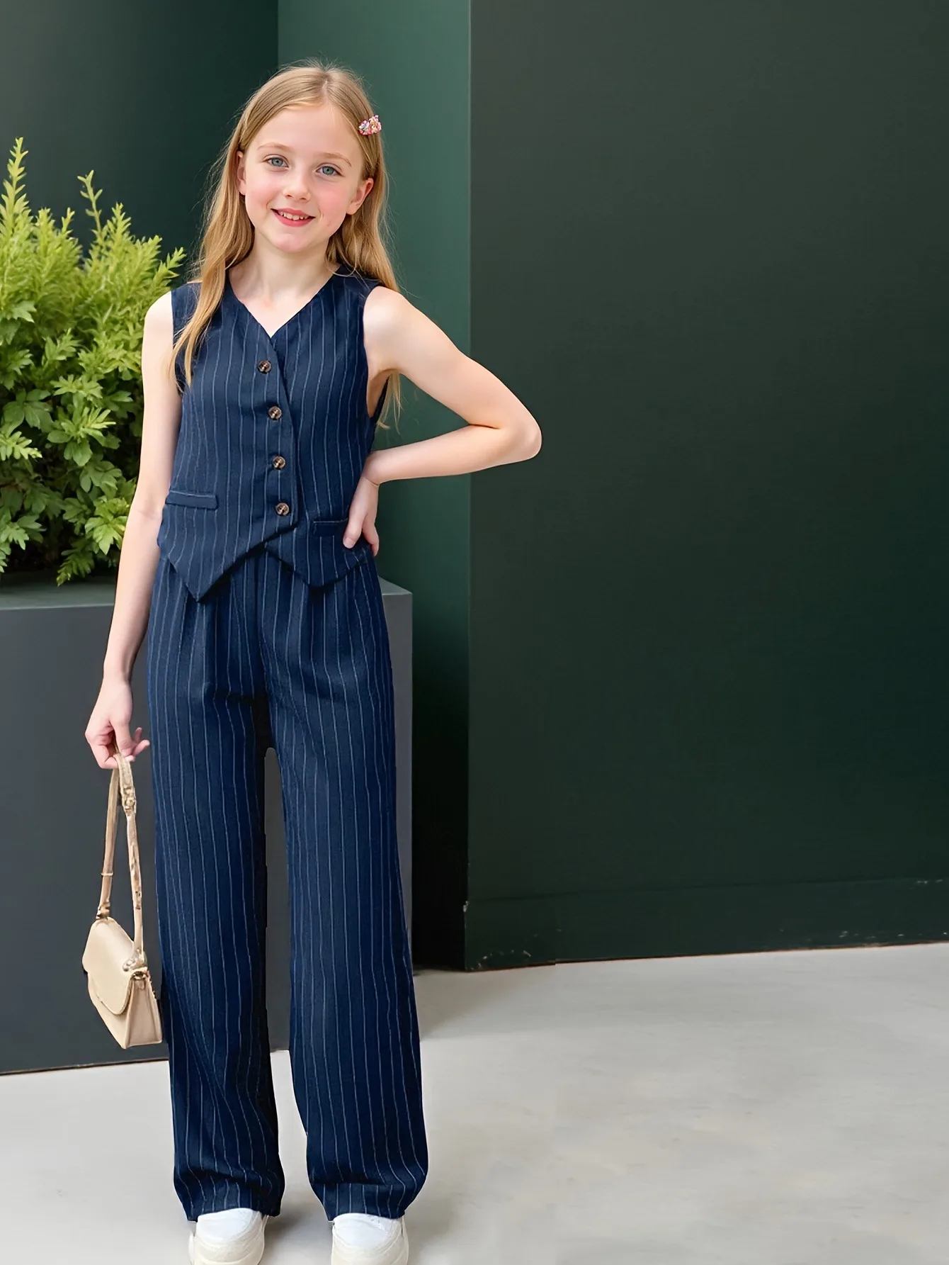 Girls 2 Piece Pinstripe Suit Set Sleeveless V-Neck Waistcoat & Wide Leg Pants Kids Formal Casual Outfit