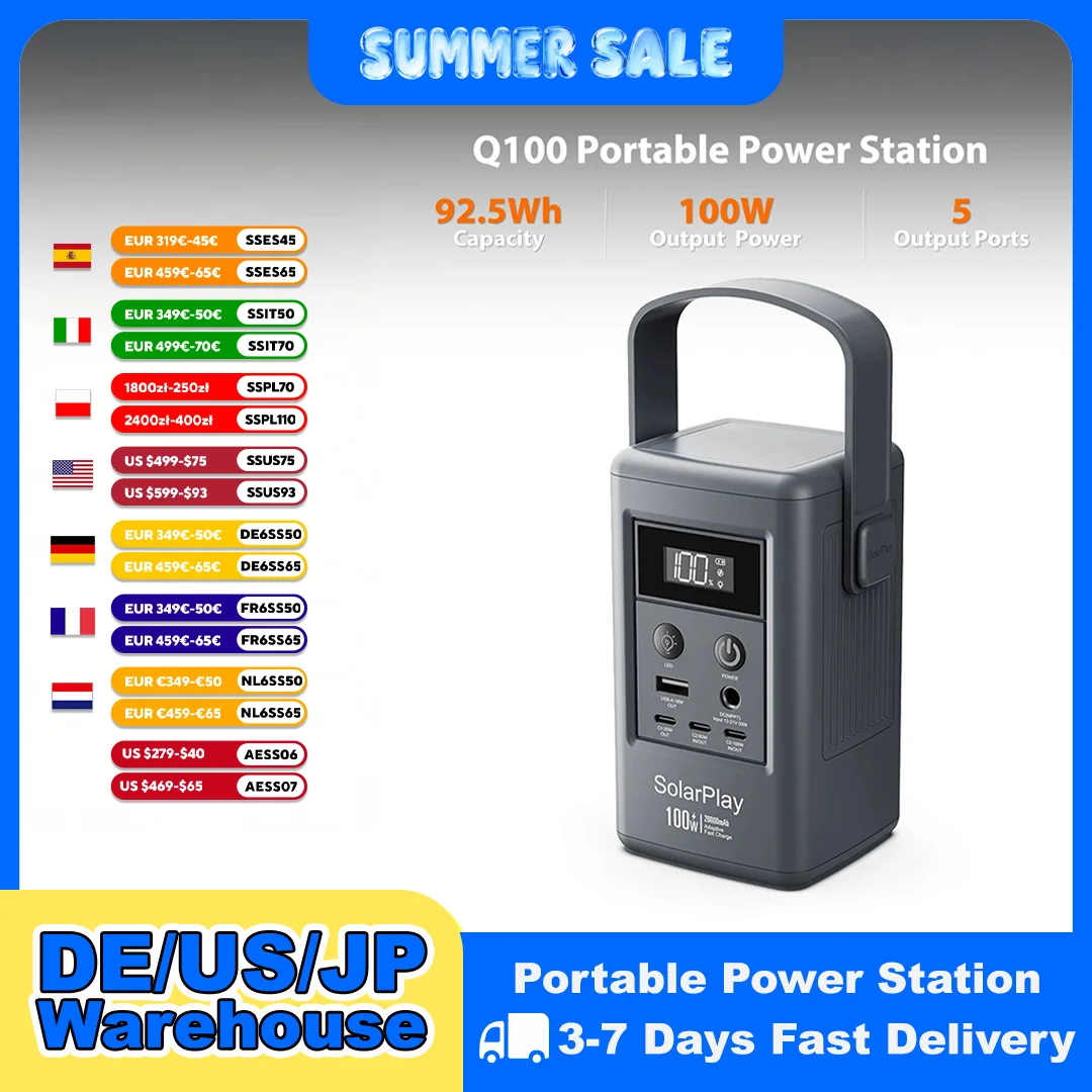 SOLARPLAY Q100 Przenośna Stacja Zasilania 25000mAh Power Bank Generator Solarny Zewnętrzny 100W Wyjście USB-C do Kempingu i Podróży
