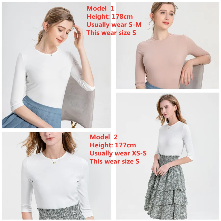 Summer new 3/4 sleeve fitting style T shirt high V -Neck woman tops elastic ribbing fabric clothes