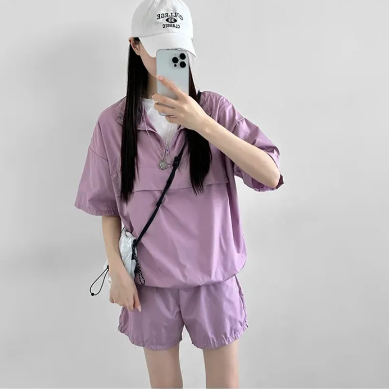 Women Sportswear Sets Female Elastic Waist Solid Color Short Sets2023 Summer Casual Half Sleeve Turn-down Collar Zipper Suits