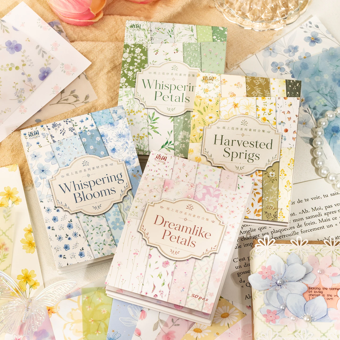 20 Sheets Soft Watercolor Floral Coated‑Paper Sticker Book, Pastel Wildflower Background Stickers for Junk Journal