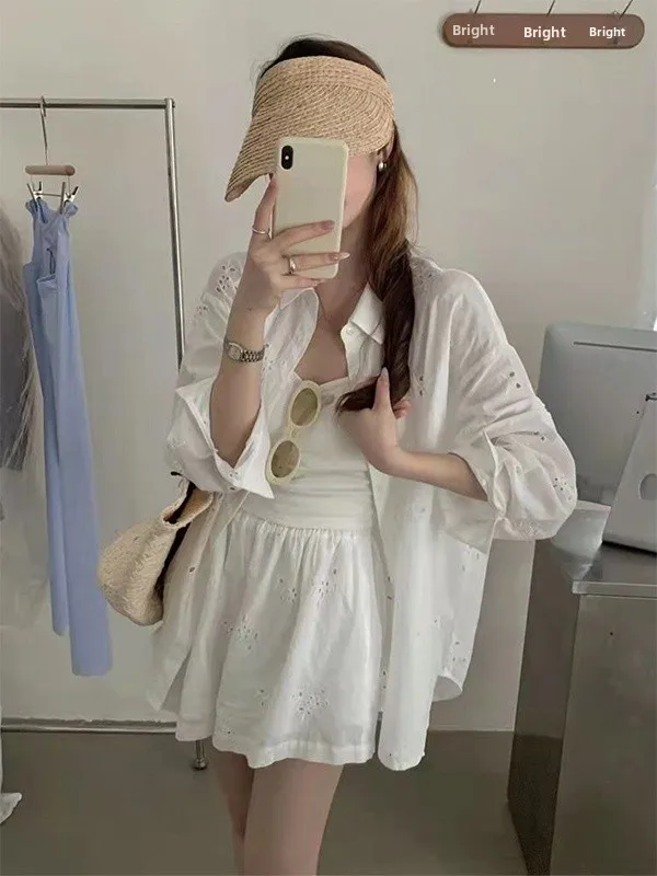 

plus Size 300 Pounds Women's Shirt And Shorts Set Hollow Design Long Sleeve High Waist Short Pants Fashionable Casual Outfit