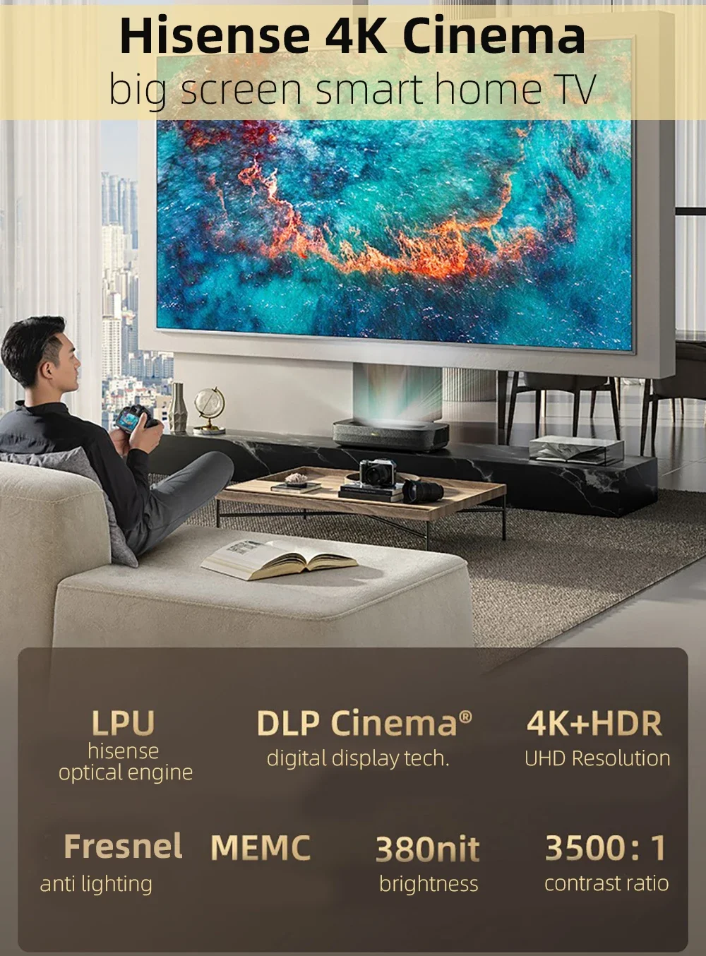 Hisense L5G 120inch DLP Laser 380NIT Projector, 4K UHD UST Smart Home Video Projectors With Auto Focus Android MEMC Beamer