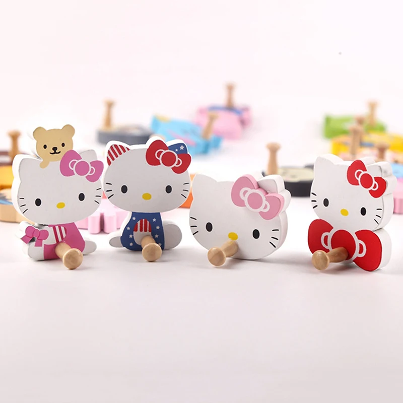 Kawaii KT Cat Wooden Hook No Trace Strong Adhesive Hook No Perforated Clothes Hat Hooks Kitchen Bedroom Decor Accessories