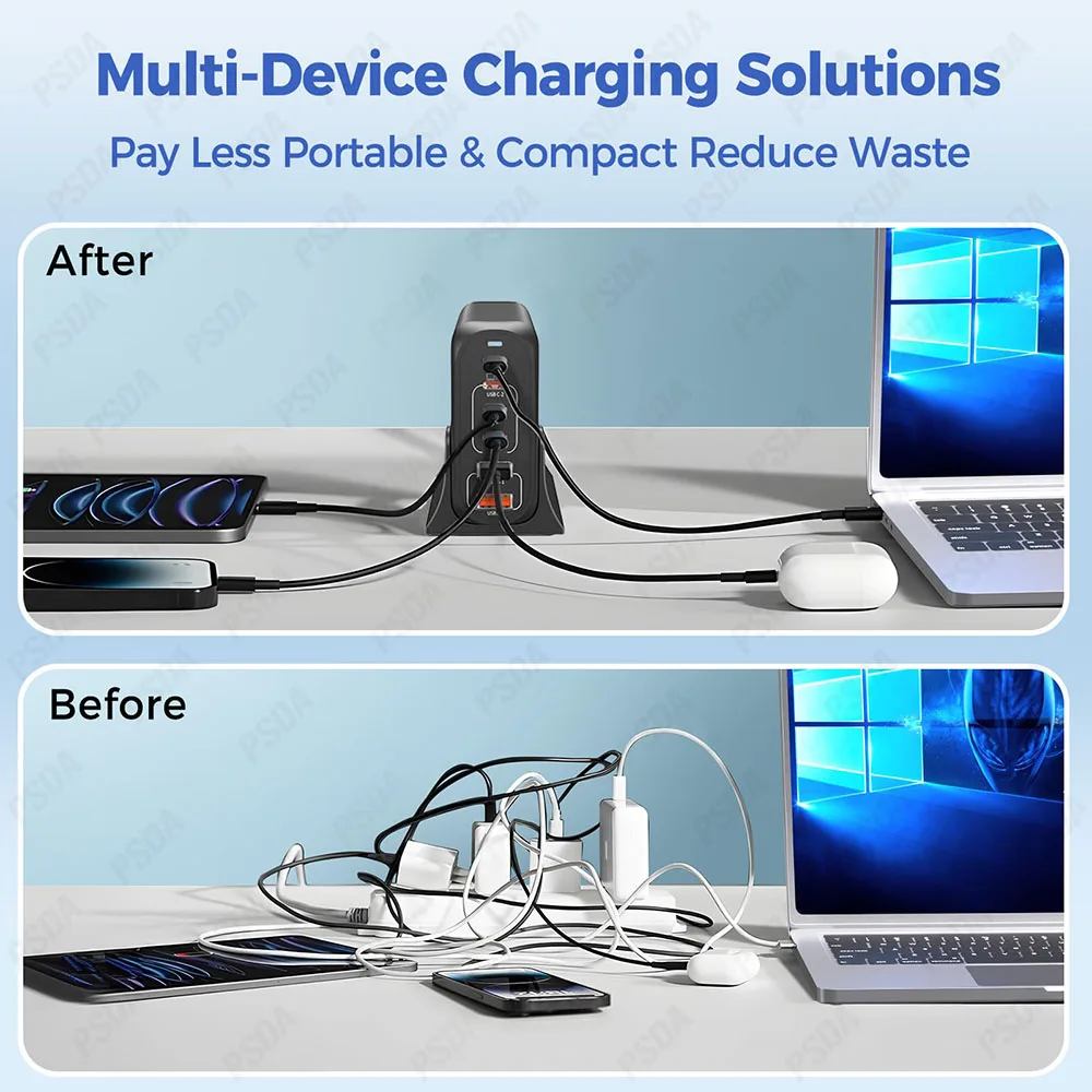 PSDA 2D 200W 6 Ports USB Type-C Fast Charger Fast Charging Multi-function Desk Charger Power Station For Smart Phone Tablet