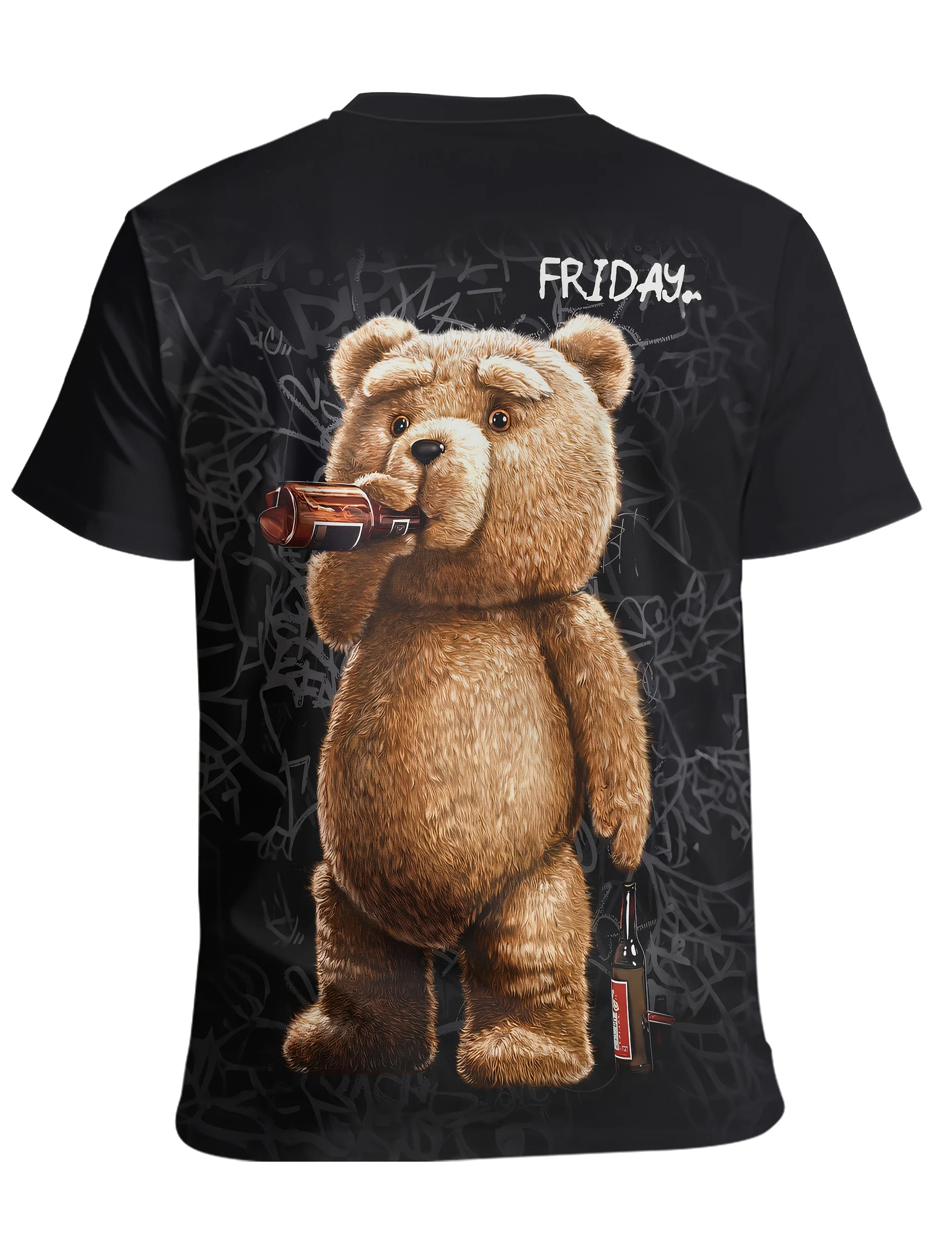 Men'S Funny Cartoon Bear Print T-Shirt,100% Polyester Knit Fabric,Casual Crew Neck Tee with Slight Stretch,Regular Fit - Black - Image 4