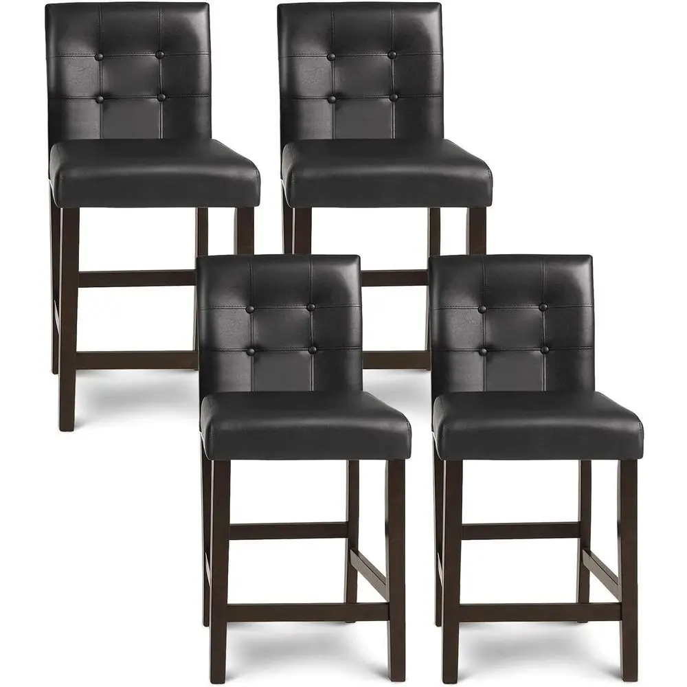 

Set of 4, 25 High-Back Upholstered Bar Stools with Button Tufted PVC Leather, Solid Wood Legs, Black