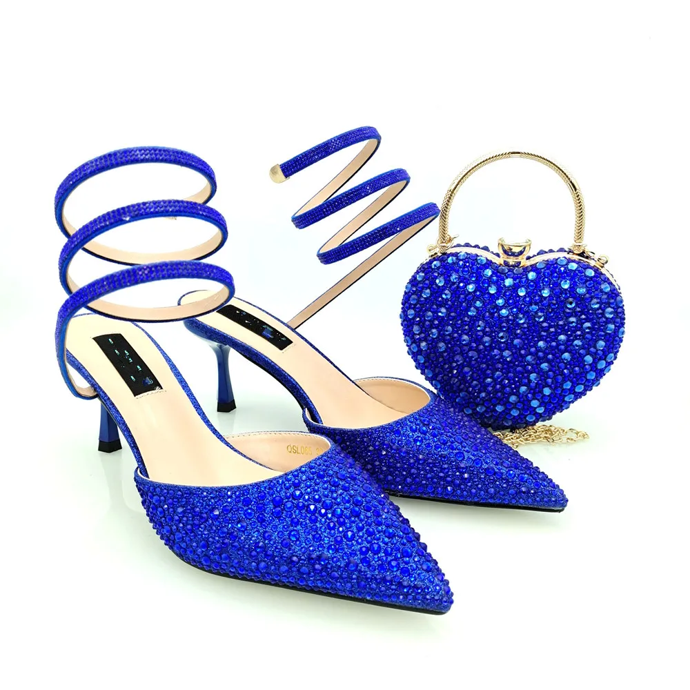 

Wonderful Royal Blue Thin Heels 7.5CM Women Pointed Toe Shoes Match Crystal Handbag African Dressing Pumps And Bag Set QSL065