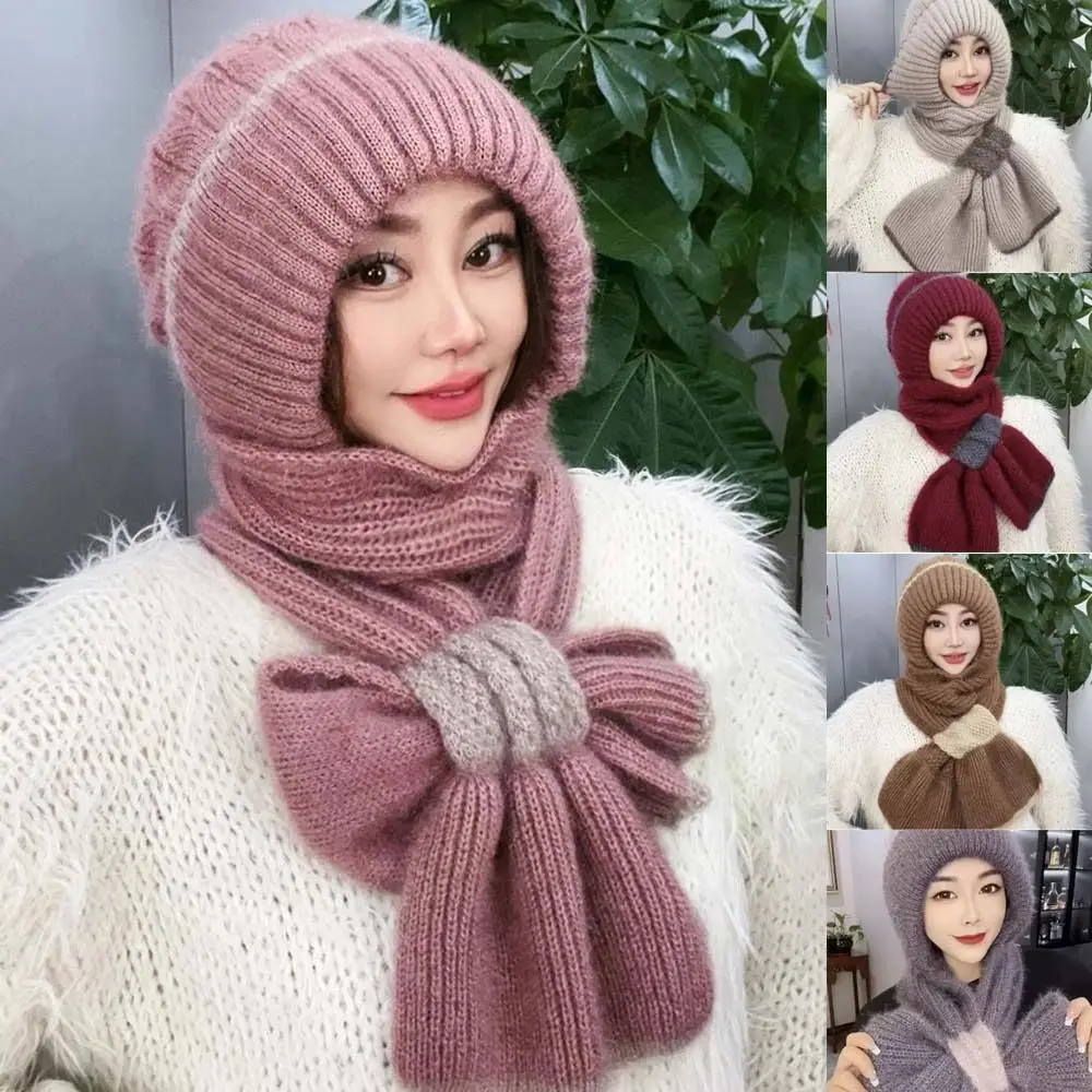 Patchwork Design Knitted Hat Scarf Set Fleece Lined Thick Knit Hooded Scarf Hat Windproof All In One Thermal Winter Headwear