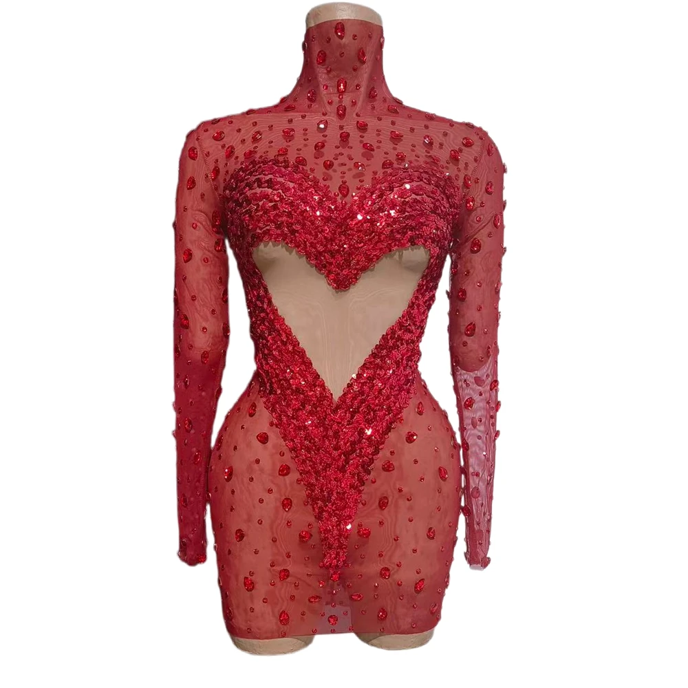 

Блестящее красное платье с стразами в форме сердца для дня рождения, короткое, женское, сексуальное, из сетки, прозрачное, для фотосессий, сценический костюм