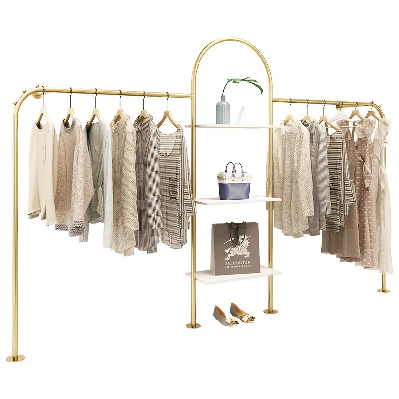 

Стеллаж для демонстрации одежды в магазине, декоративный стеллаж для торгового центра, настенная комбинированная полка из кованого железа с нанопокрытием под золото