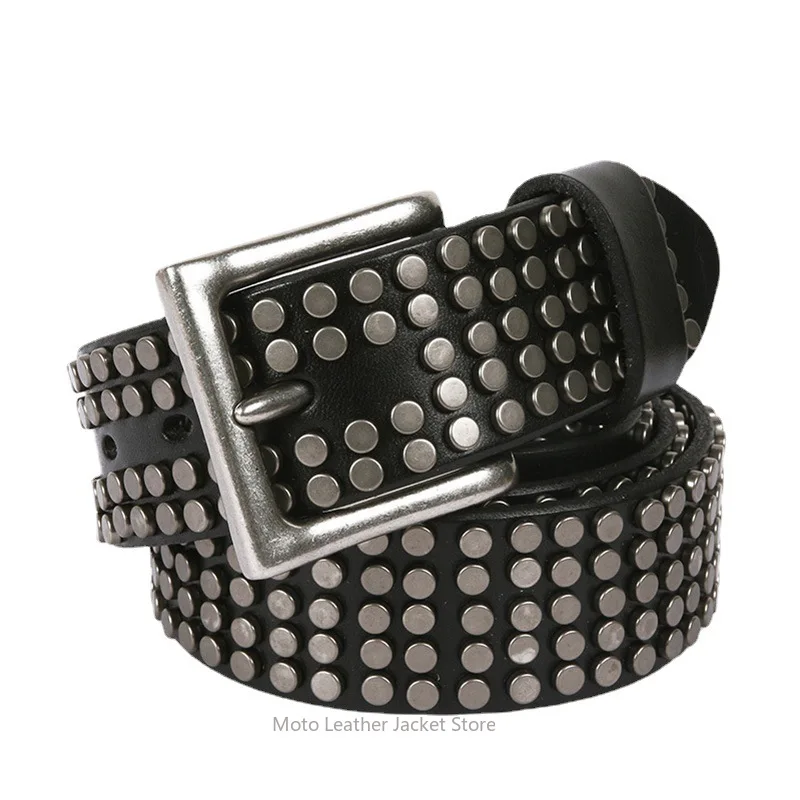 Genuine Leather Round Rivet Wide Belt, Unisex Heavy Duty Punk First Layer Cowhide Waistband
