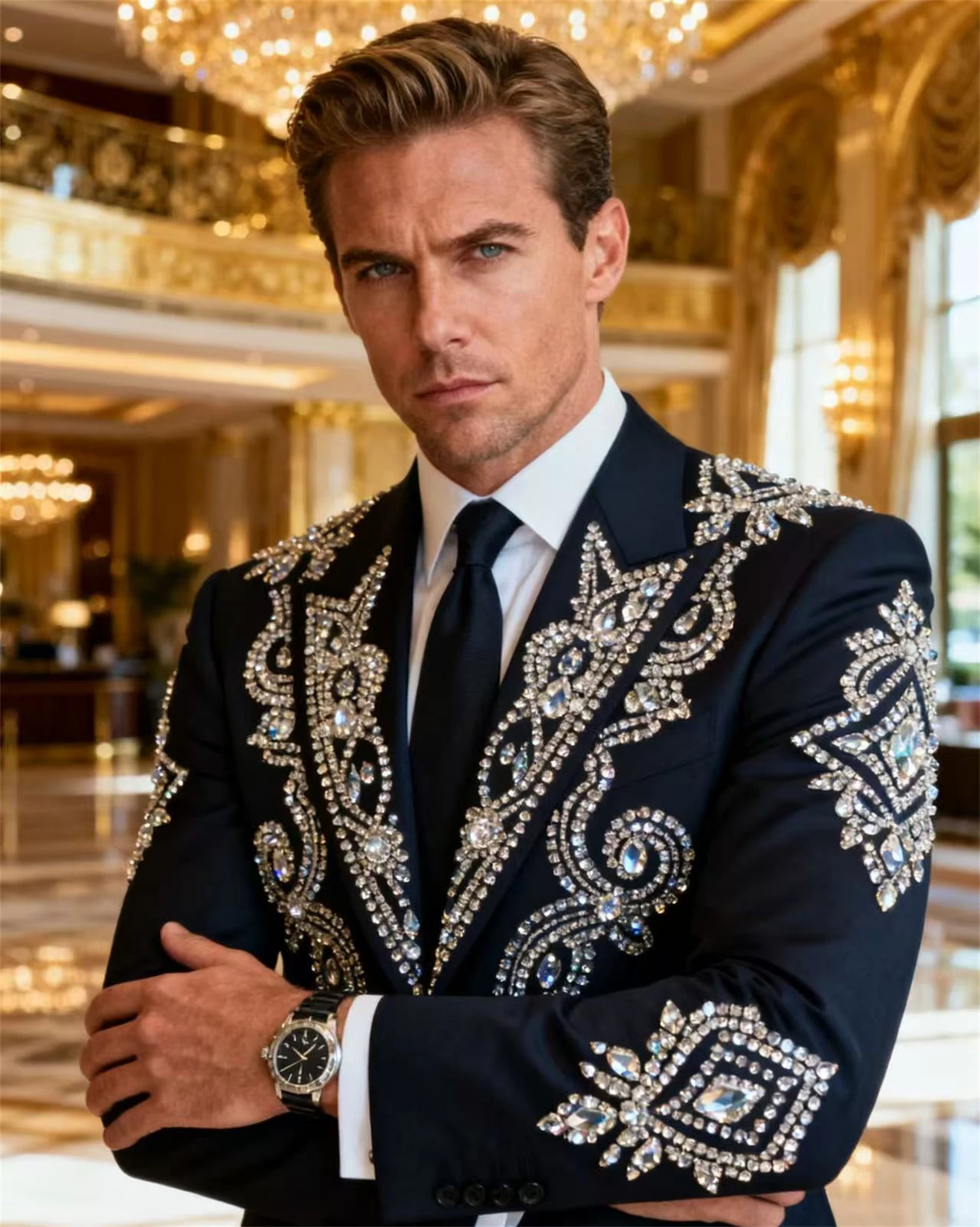 

Роскошный дизайн, мужские костюмы со стразами и бисером, комплект из 2 предметов, мужские пиджаки для жениха, облегающие Ropa hombre, формальные свадебные смокинги по индивидуальному заказу