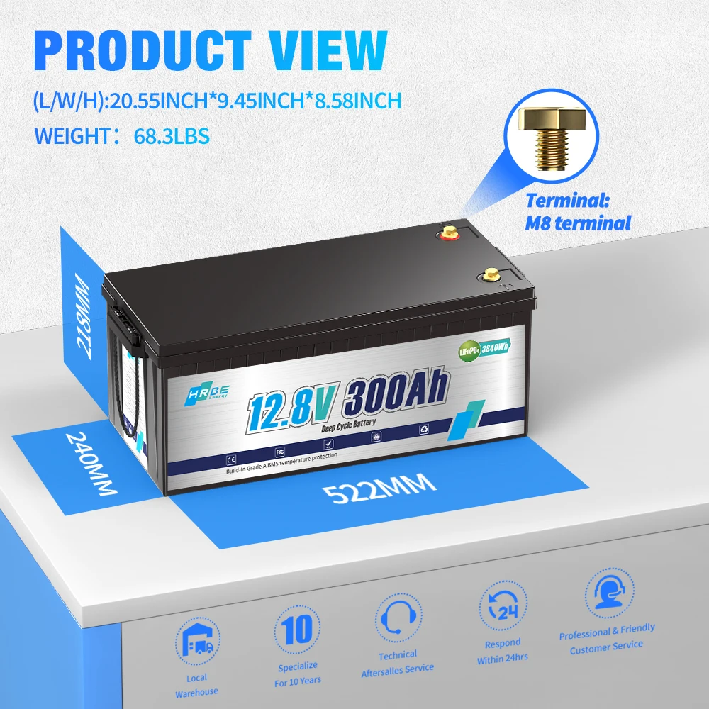 LiFePO4 12V 300Ah Battery Pack Built-in 4S 200A BMS 6000+ Cycle Life Grade A Cells For Home Solar Outdoor RV Marine Power 2 PACK