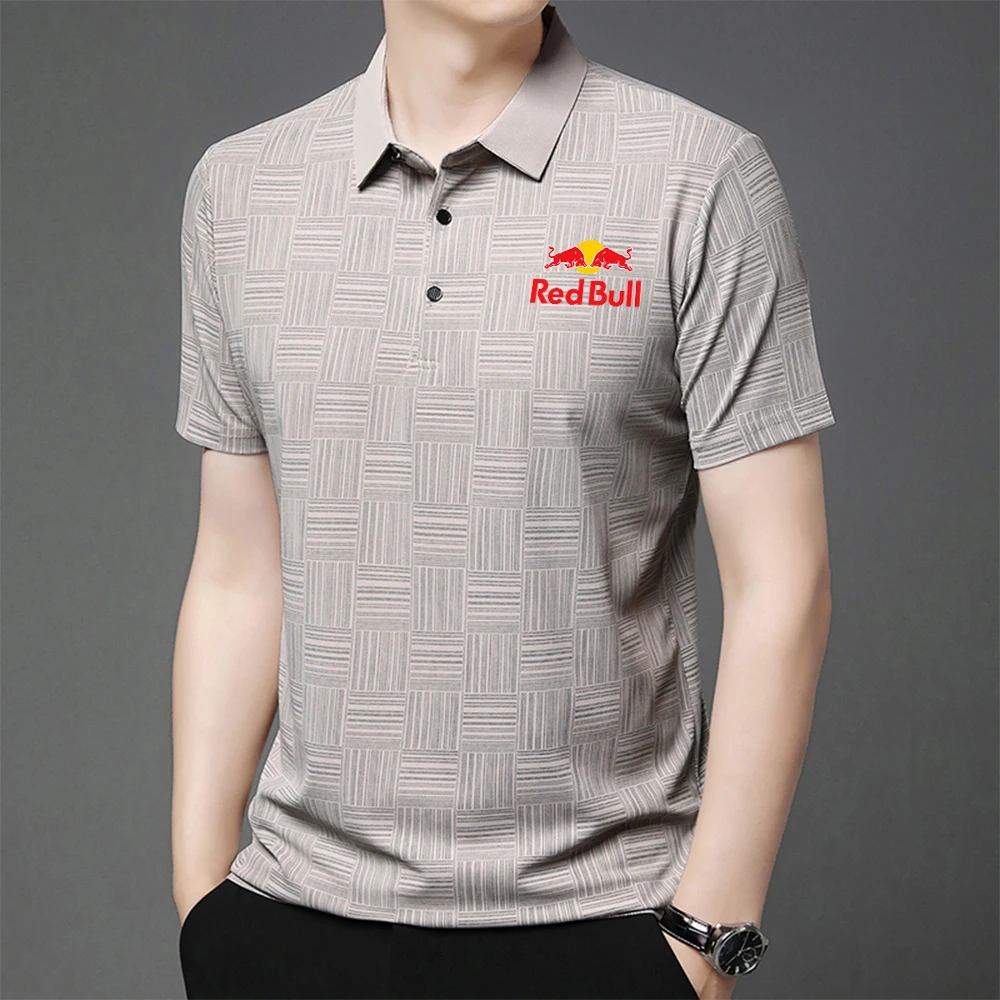{High Quality} Men'S Short Sleeved Solid Color Red Bull Polo Shirt Breathable And Comfortable Elastic Top Casual Business Style