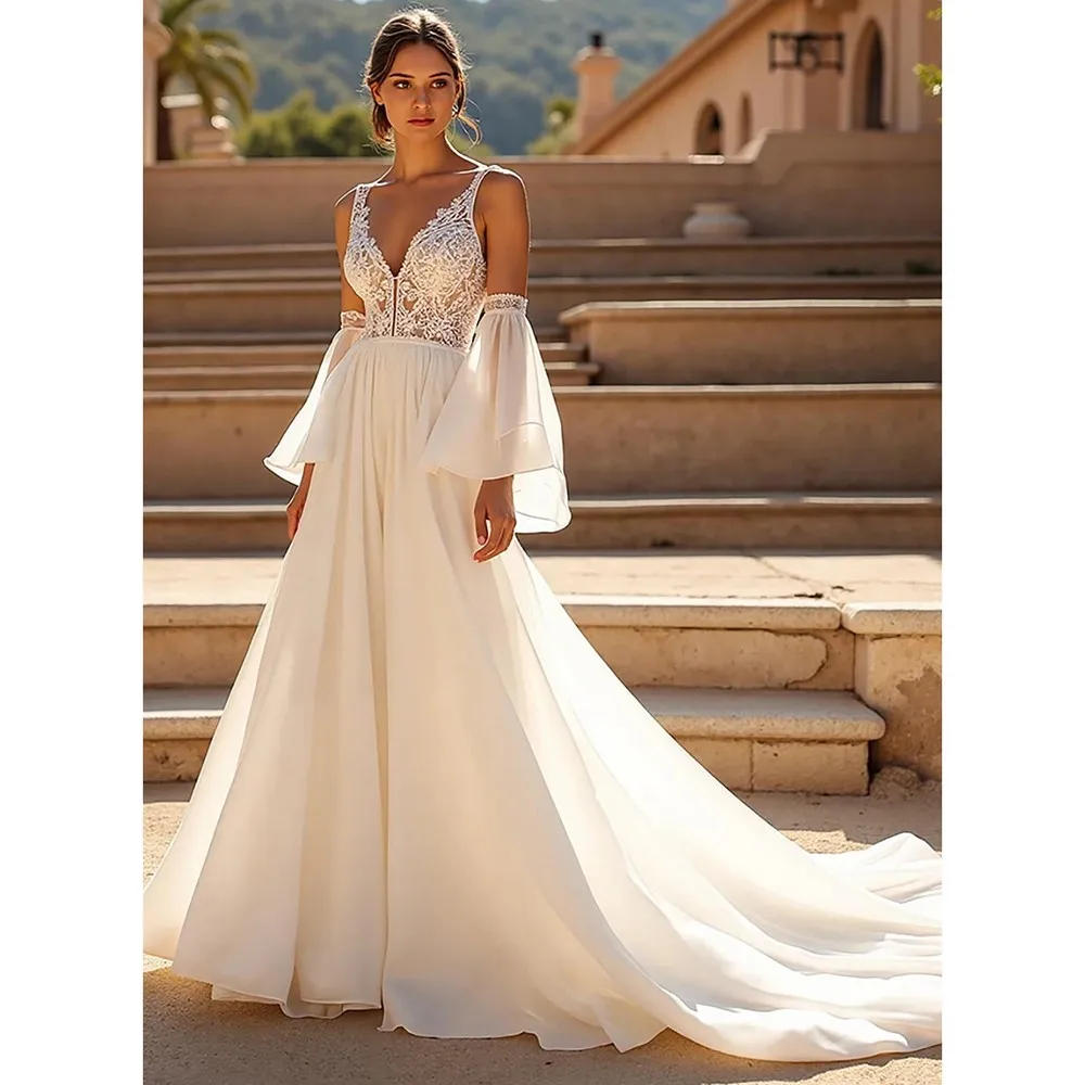 

Elegant Spaghetti Straps Lace Wedding Dress Chiffon Backless Floor Length A-line Bridal Dress with Train Puff Sleeve Custom Made