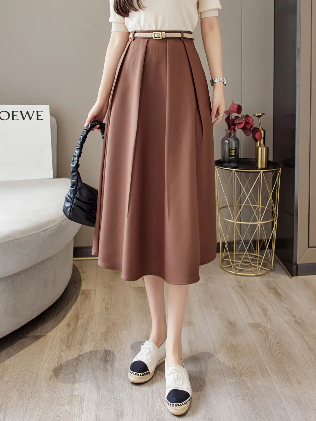 Croysier Women Clothing 2023 Office Elegant Midi Skirt With Belt Vintage A Line Skirts High Waist Side Pockets Big Swing Skirt