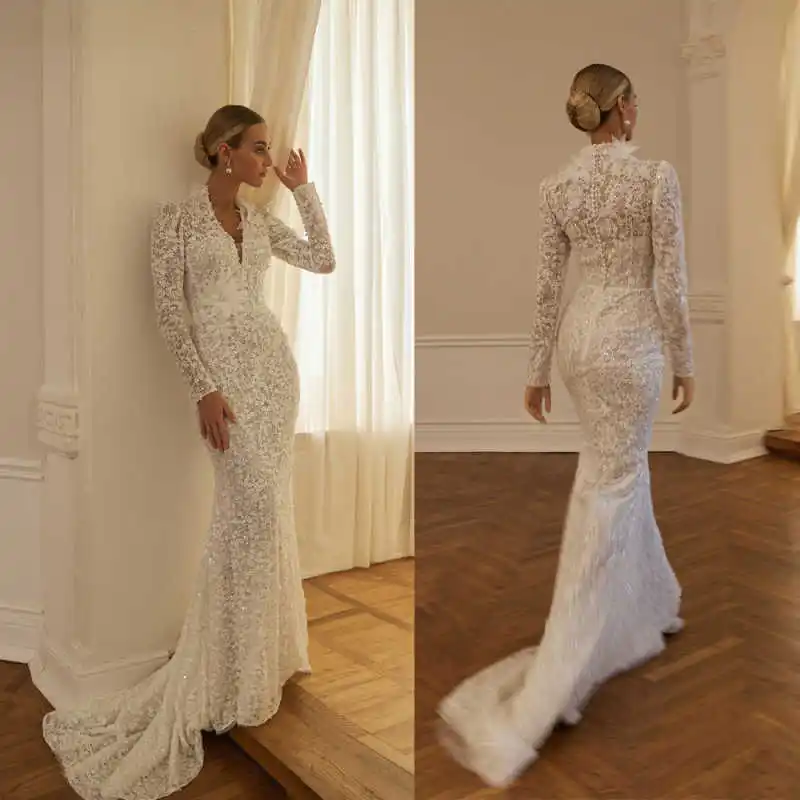 Elegant Mermaid Wedding Dresses V Neck Long Sleeve Appliques Lace Bride Dress Sequins Pearls Sweep Train Bridal Dress Customized