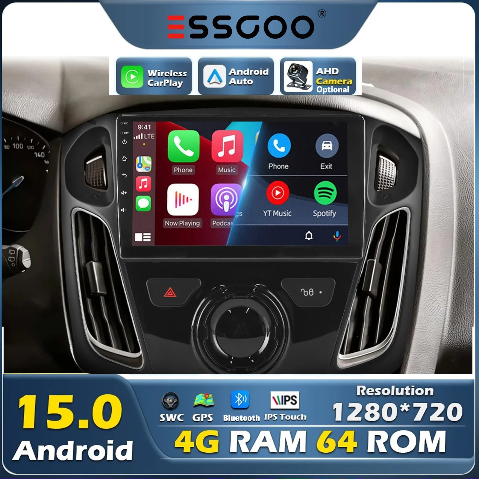 4GB+64GB Multimedia-Stereoradio für Ford Focus MK3 2012-2018, CarPlay, Android Auto, GPS, RDS, Navigation, WLAN, Bluetooth, DVR, DAB+, Kamera, ESSGOO