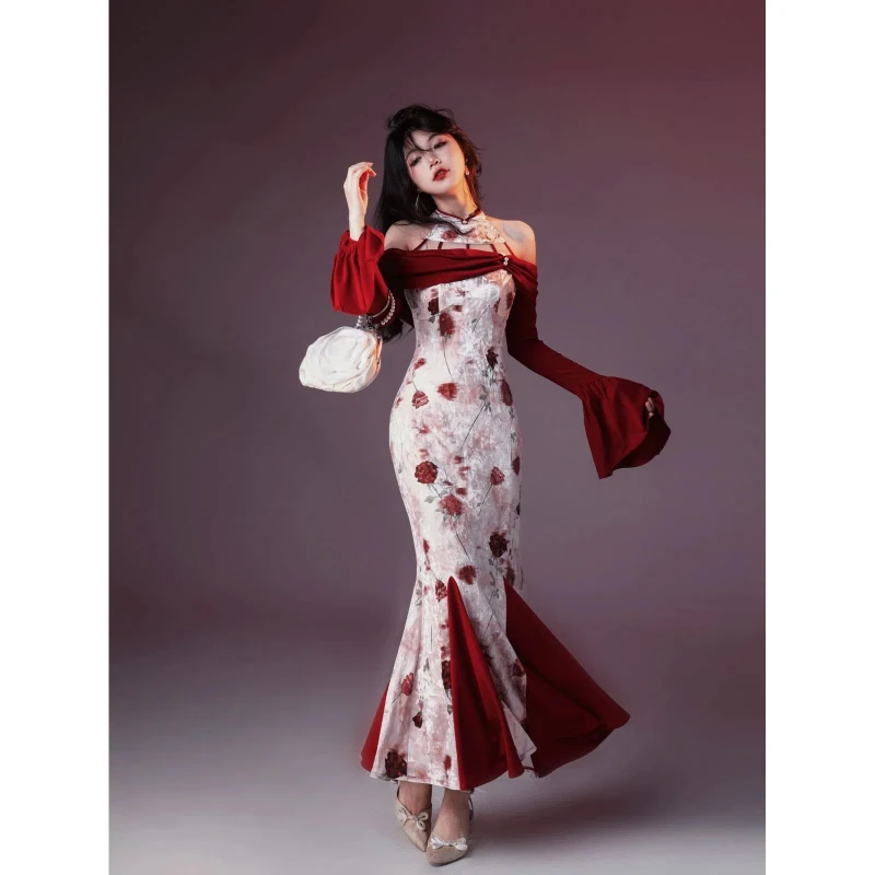 New - Chinese - style Velvet Printed Improved Cheongsam Dress for Women, 2024 Autumn, Waist - cinching, Slimming, Hip - hugging