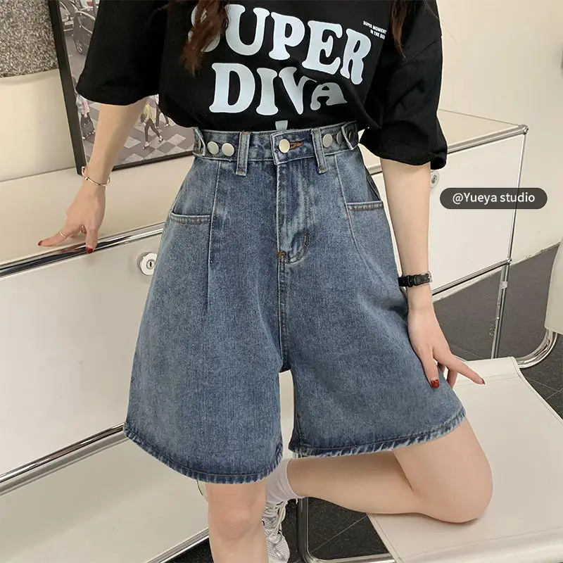 Five-point High-waist Denim Shorts for Women in Summer New Loose Wide-leg Mid-length Pants