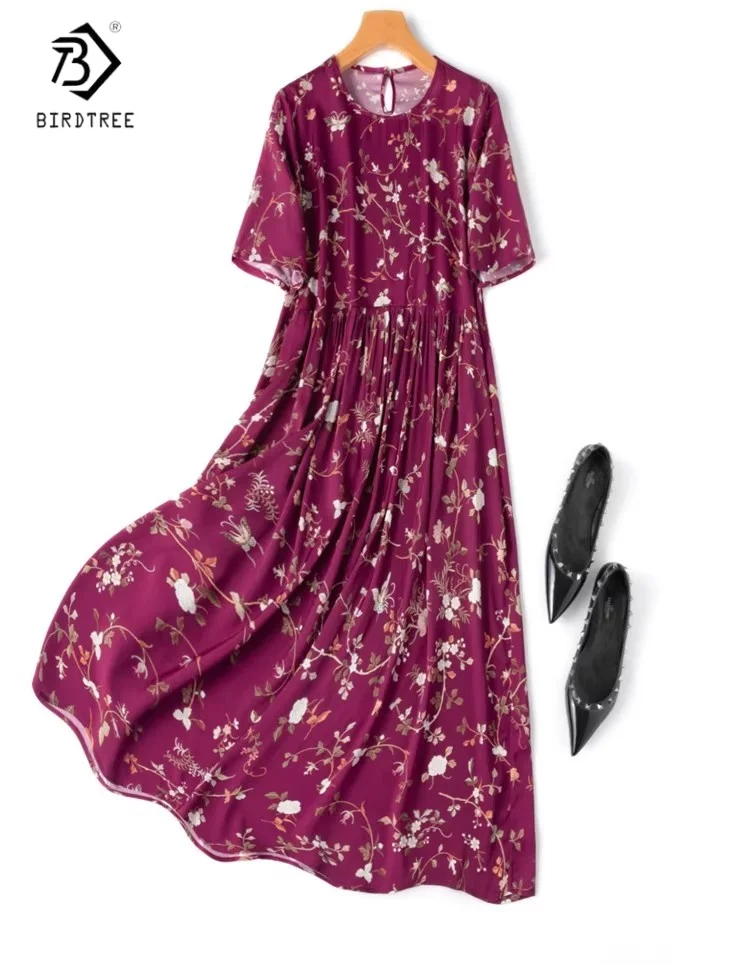 

Birdtree Summer 19MM 93% Mulberry Silk 7% Spandex Dress,Women O-neck Short Sleeve Printing Long Skirt,2025 New D56213JF