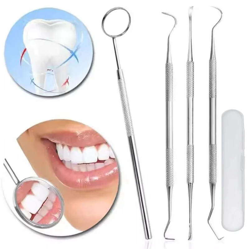 4Pcs Portable Oral Cleaning Tool Kit Stainless Steel Dental Mirror Tartar Remover Probe Scaler Teeth Care Tools With Storage Box