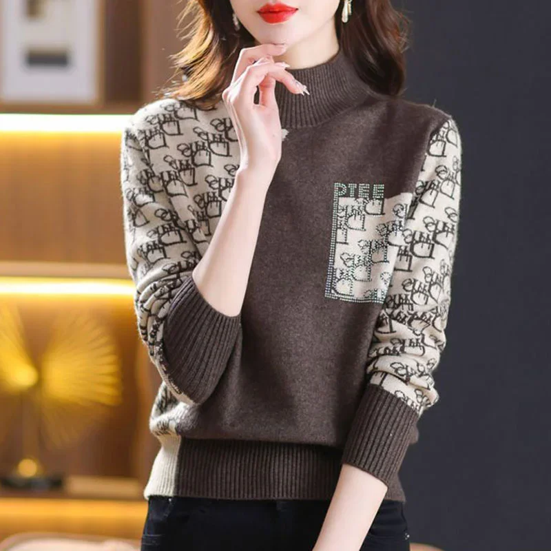 Women Clothing Letter Jacquard Sweaters Autumn Winter Wool Knitted Thick Pullovers Office Lady Vintage Elegant Fashion Knitwear